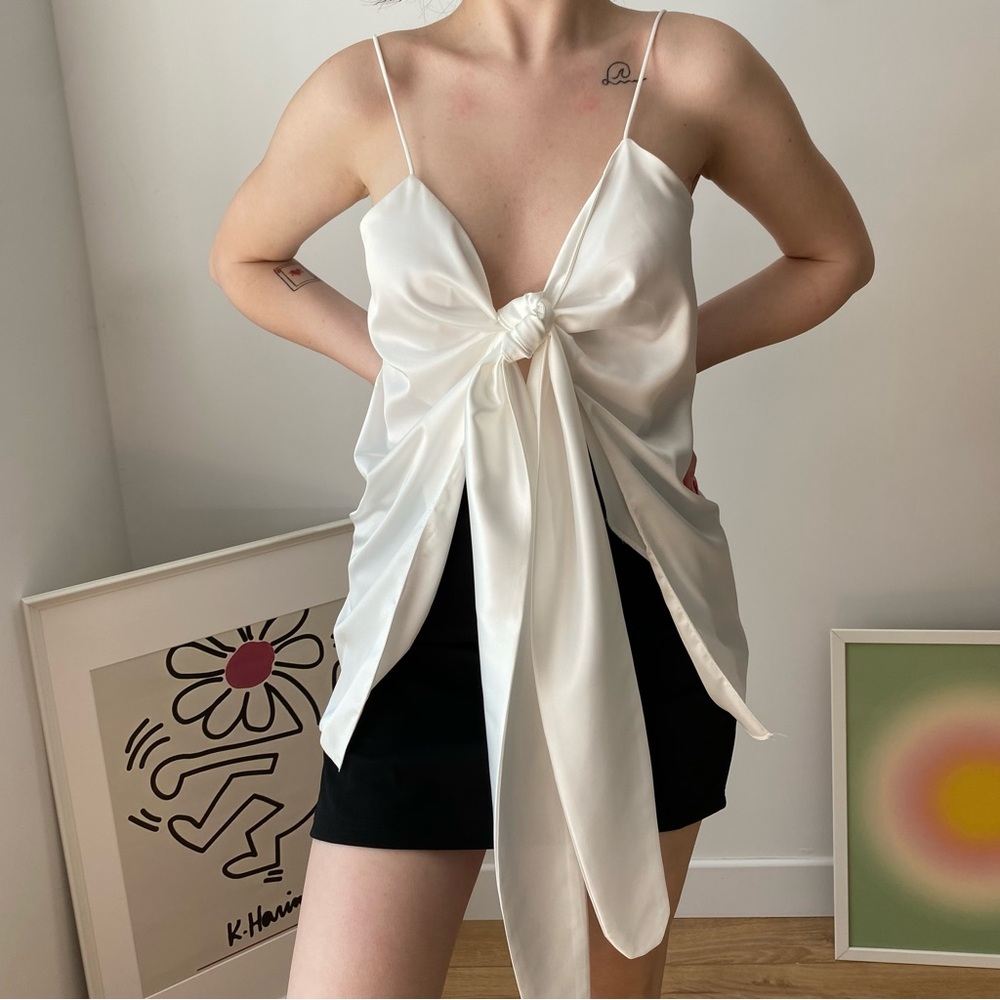 Elegant White Satin Tie-Front Top